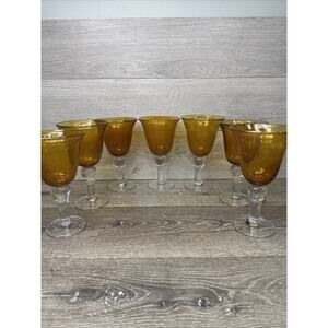 CIRCLEWARE Hand Blown Amber Gold Wine Goblet Glasses~set Of 7